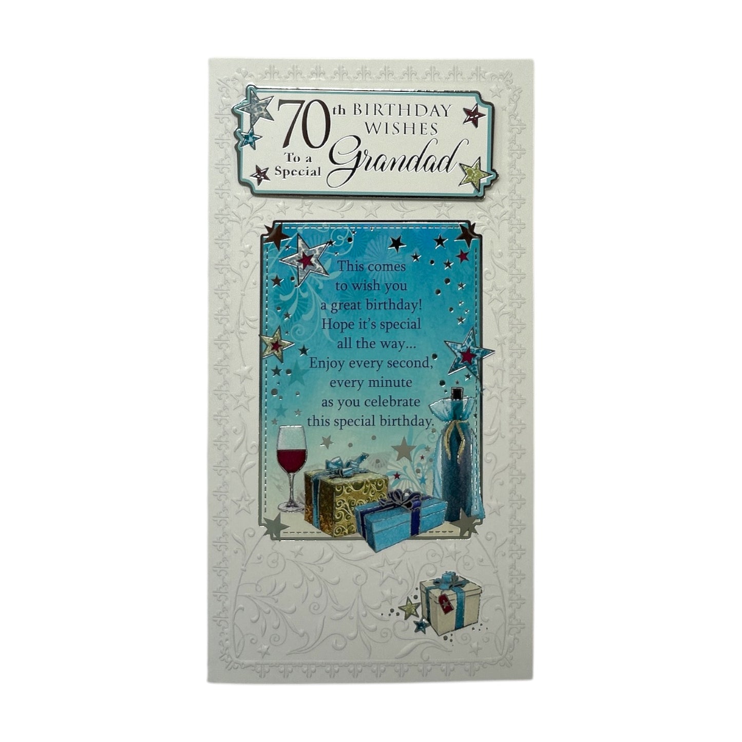 70th Birthday Wishes To A Special Grandad Birthday Card Wine Presents 3D Foil Detail