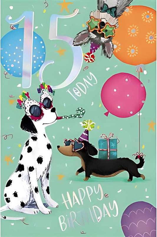 Party Dogs Design 15th Birthday Card