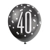 Pack of 6 Birthday Glitz Black, Silver, & White Number 40 12" Latex Balloons