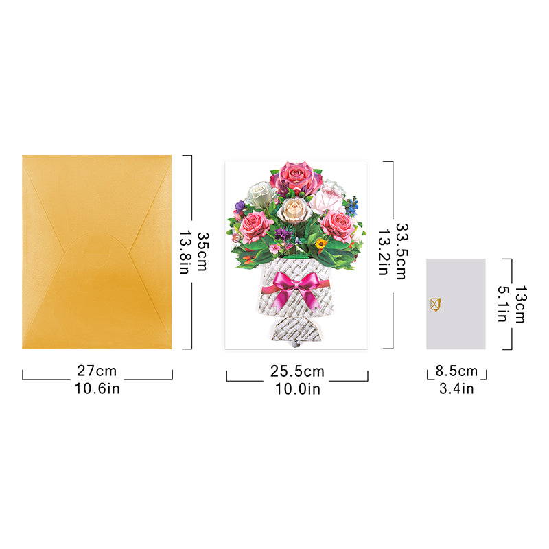Pink And White Rose Bouquet in Basket Design 3D Pop Up Card
