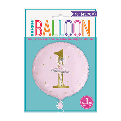 Ballerina Pink & Gold 1st Birthday Round Foil Balloon 18