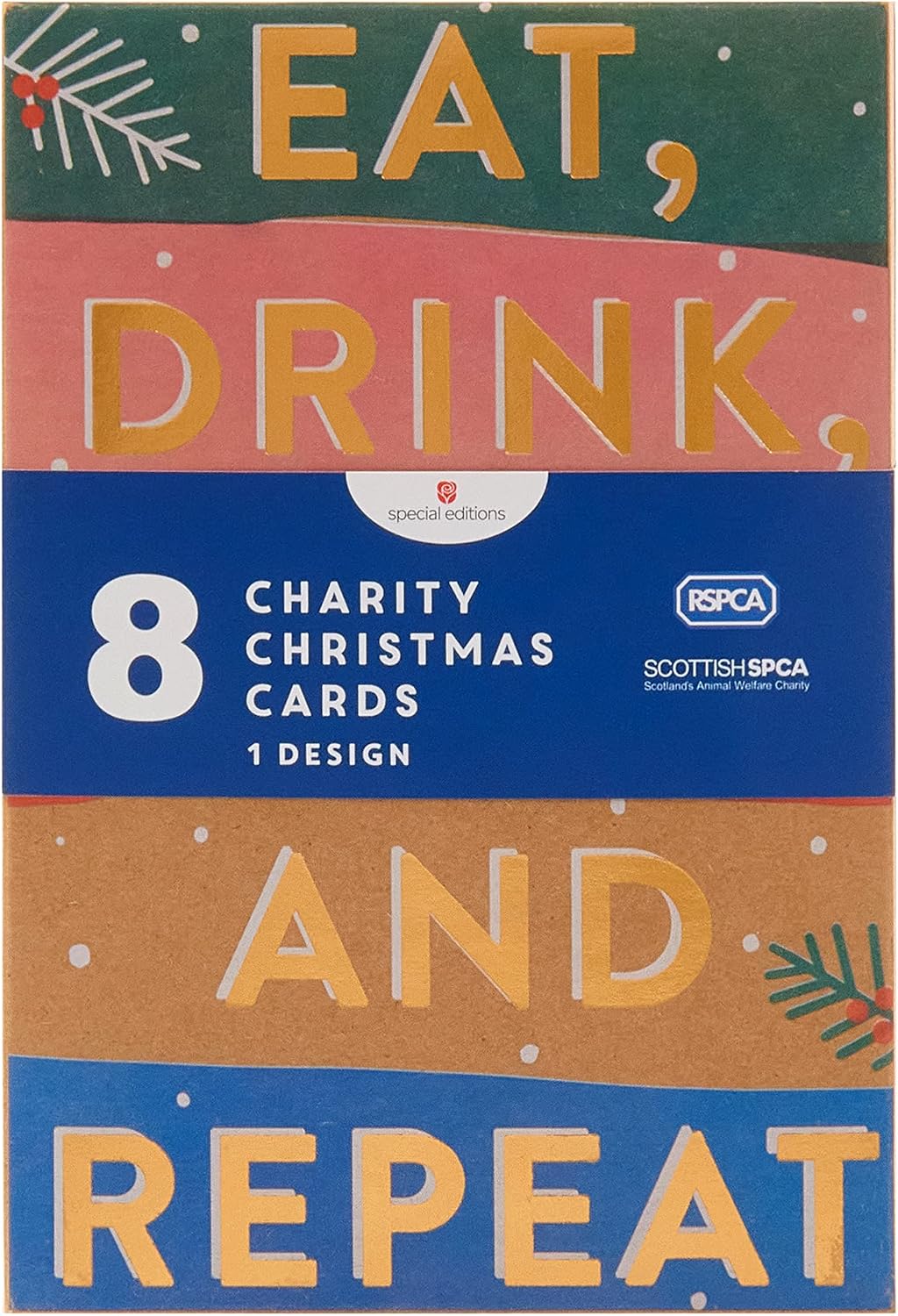 Box of 8 Eat, Drink & Repeat Foiled RSPCA Charity Christmas Cards
