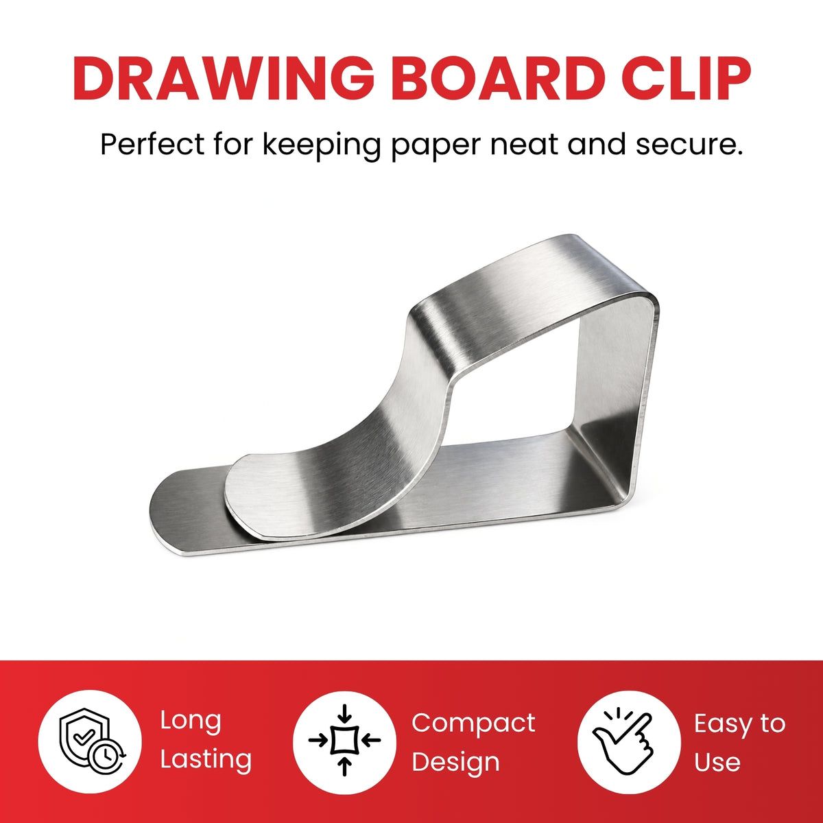 Set of 4 Stainless Steel Drawing Board Clips 5.3 x 2.5 x 1.3cm