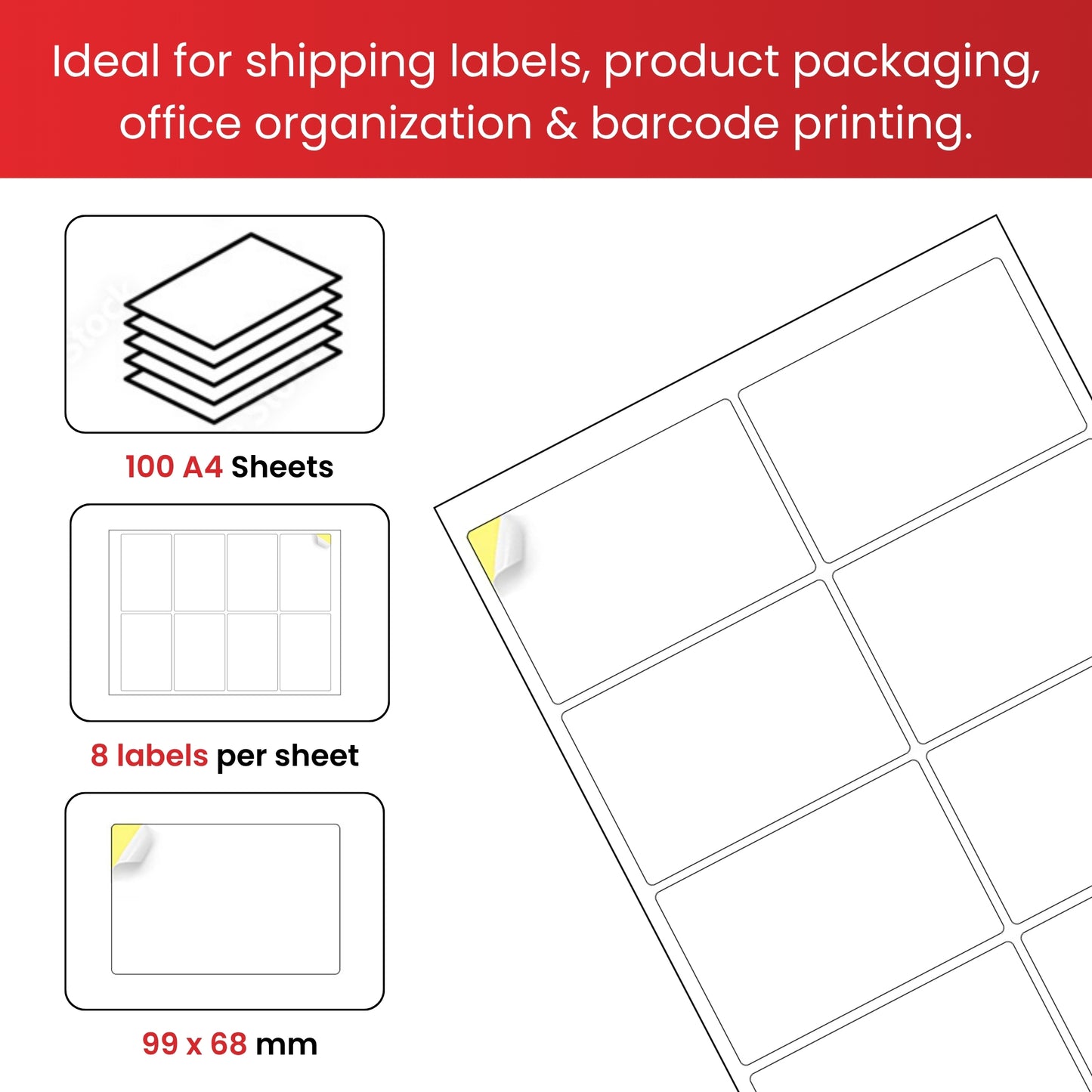 Pack of 800 White 99x68mm Self Adhesive Labels (8 Labels per A4 Sheet)