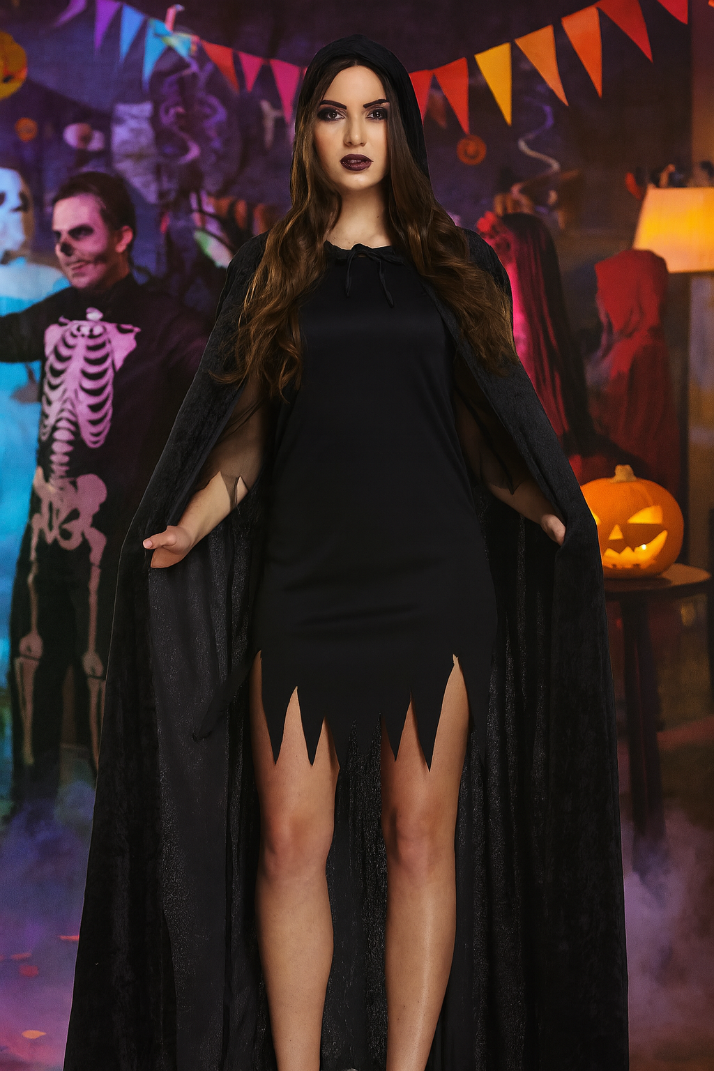 Adult Cape with Hood Black Velvet Fancy Dress Up Costume