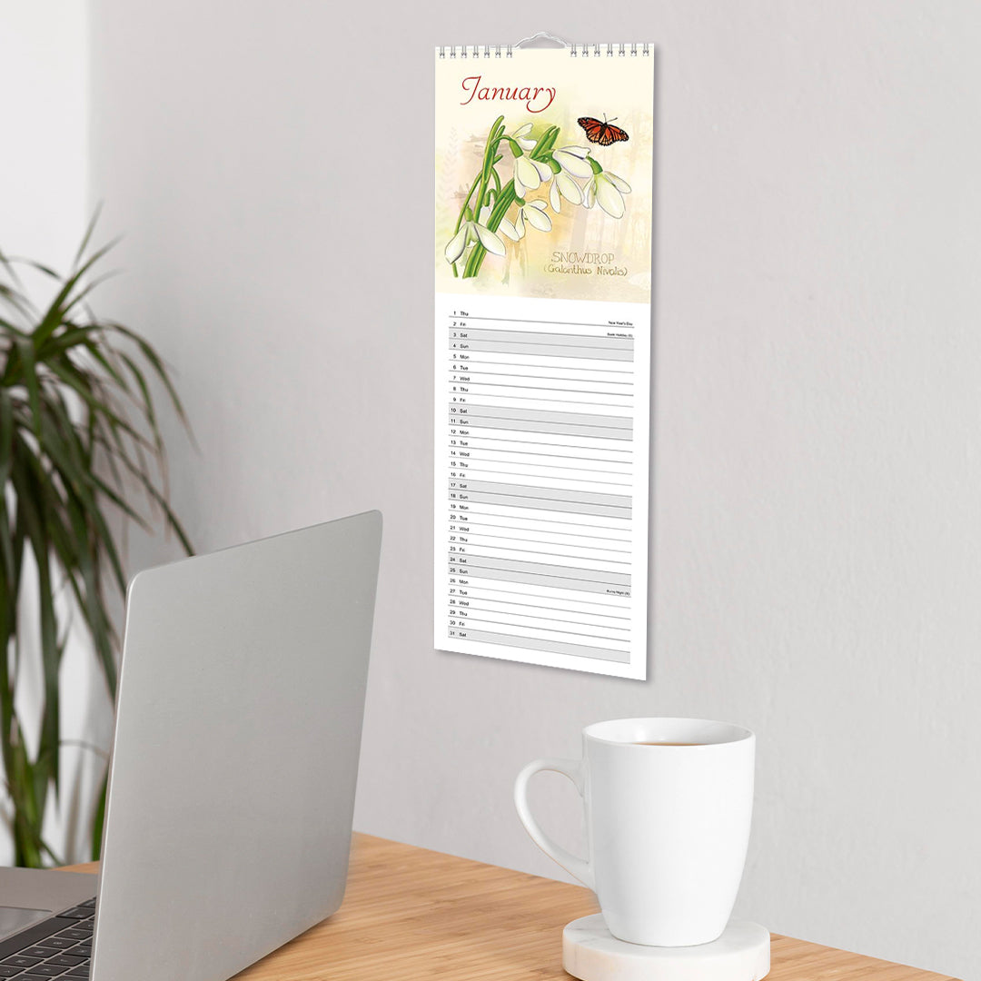 Slim Month To View Calendar 2026 Botanical Flowers 143mm X 417mm Bshv3agvnhv 
