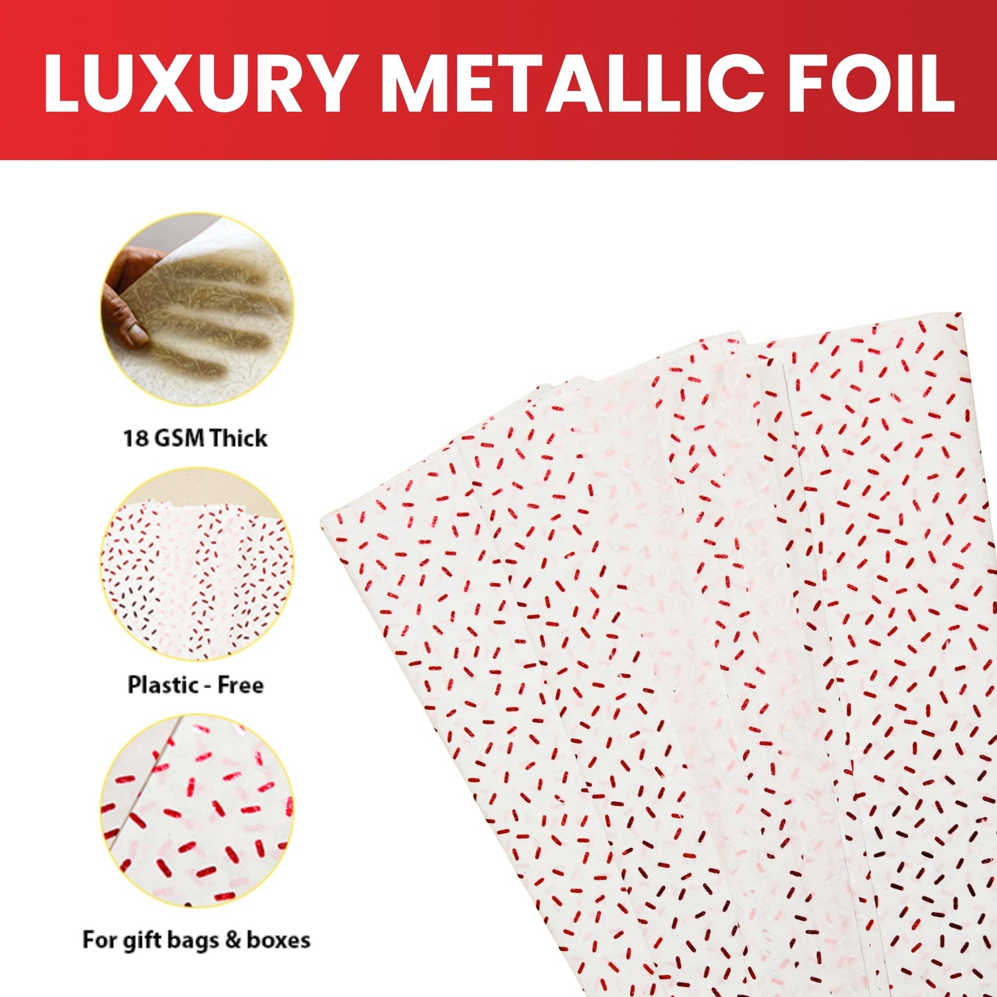 12 x Pack of 10 Confetti Sprinkles Luxury Red Metallic Plastic-Free 18gsm Tissue Paper Sheets 50x70cm - Patterned Tissue Paper for Xmas, New Year, Party, Wedding, Birthday Packing Present Gift Box DIY Art Crafts