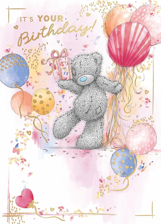 Bear Holding Present And Balloons Birthday Card