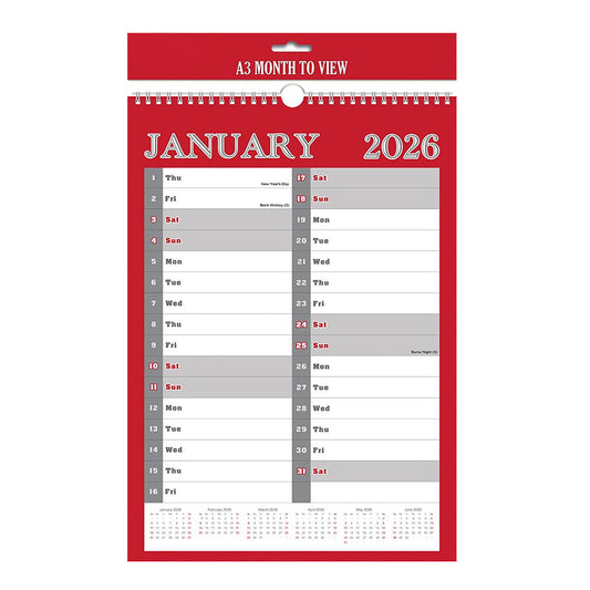 A3 Month To View Calendar 2026 – 297mm x 420mm