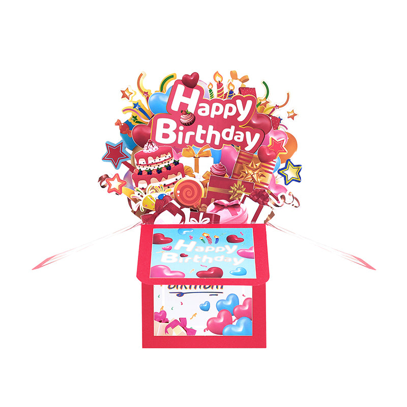 Heart Balloons Bright Red 3D Pop Up Birthday Box Card - Fireworks Cake Surprise Gift Box
