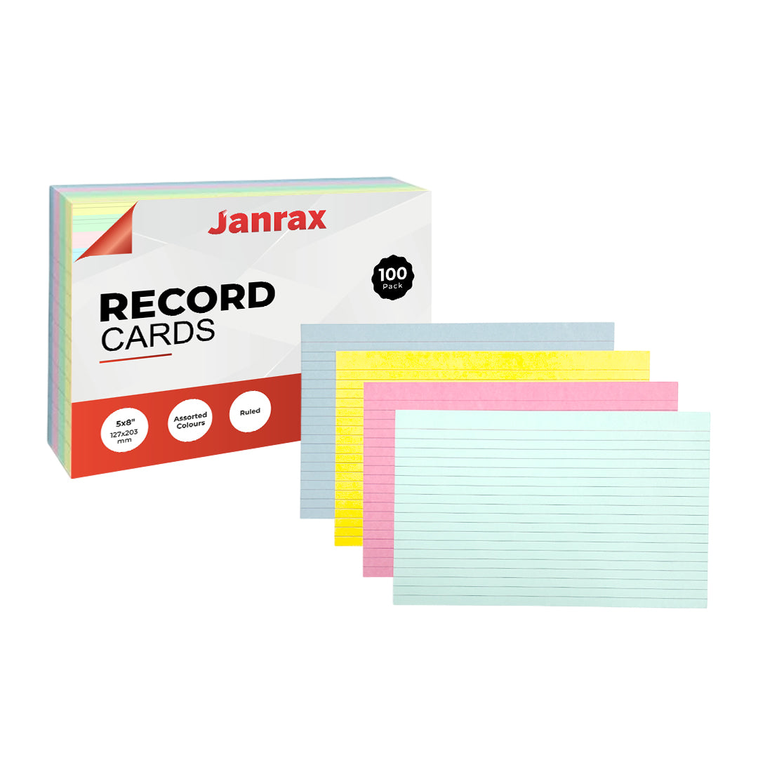 Pack of 100 Assorted Colour Ruled 8x5" Record Cards – Lined Study Index Cards for Notes, Revision
