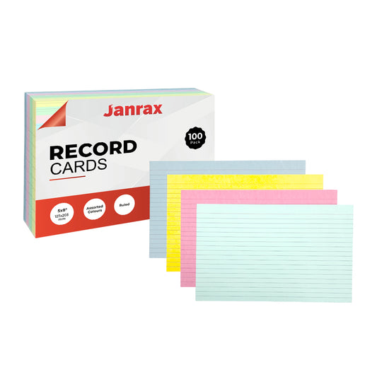 Pack of 100 Assorted Colour Ruled 8x5" Record Cards – Lined Study Index Cards for Notes, Revision