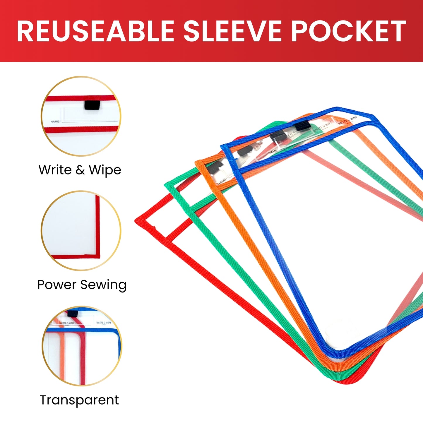 Red Edge Clear Dry Erase Write and Wipe Reusable Sleeve Pocket