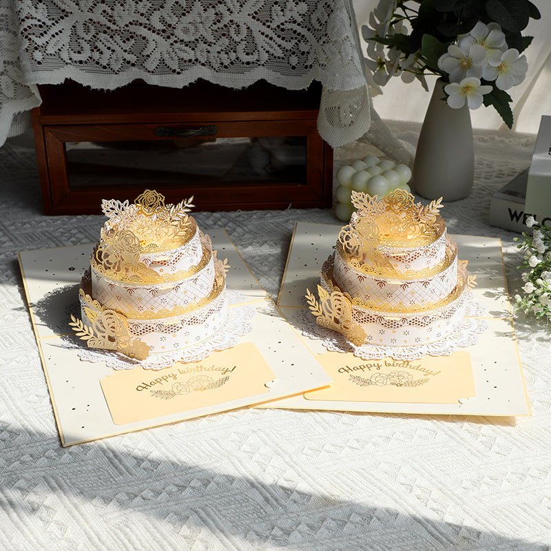 Gold Floral Cake Design Elegant 3D Pop Up Birthday Card