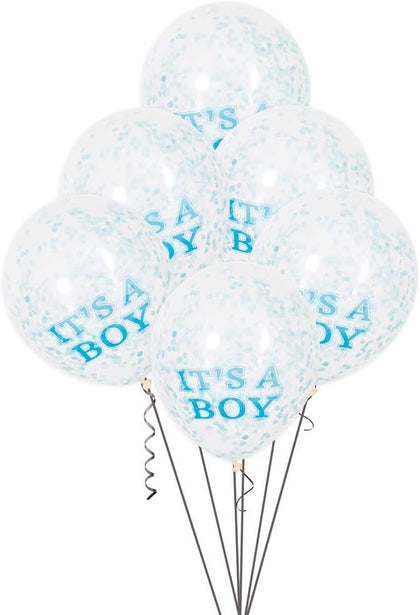 Pack of 6 Boy Clear Latex Balloons with Blue Confetti 12