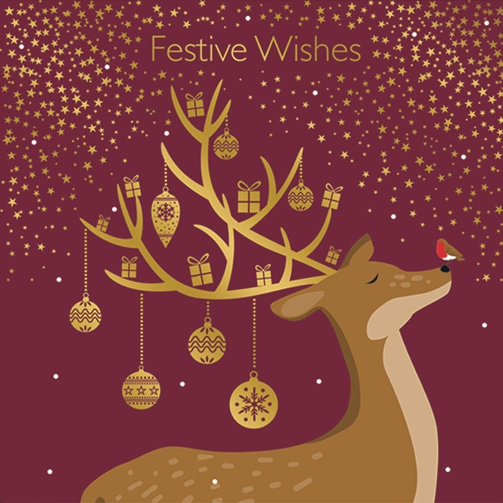 Pack of 10 Festive Contemporary Reindeer Design Square Christmas Cards With Envelopes
