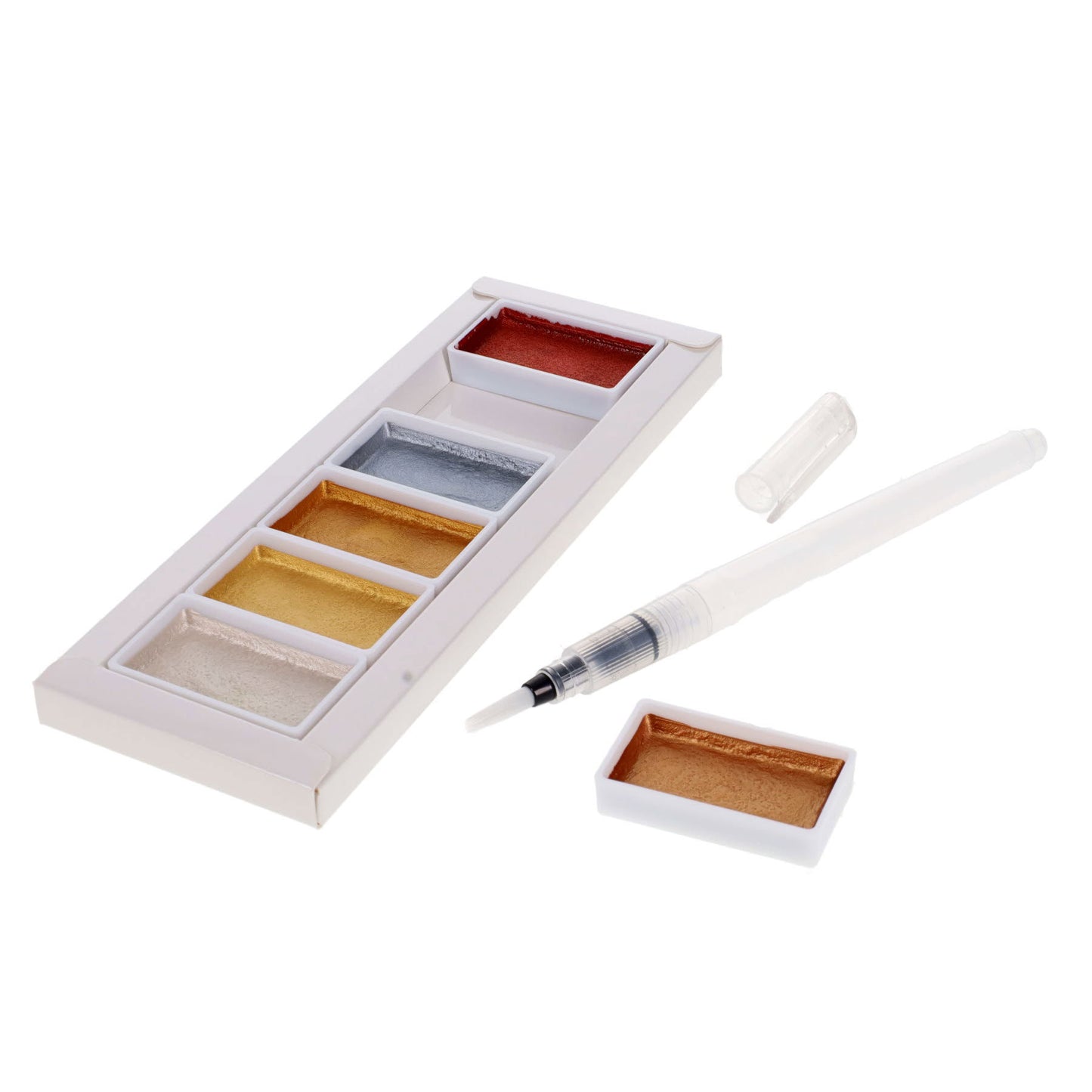 Pack of 6 Metallic Watercolour in Palette & Refillable Water Brush by Icon