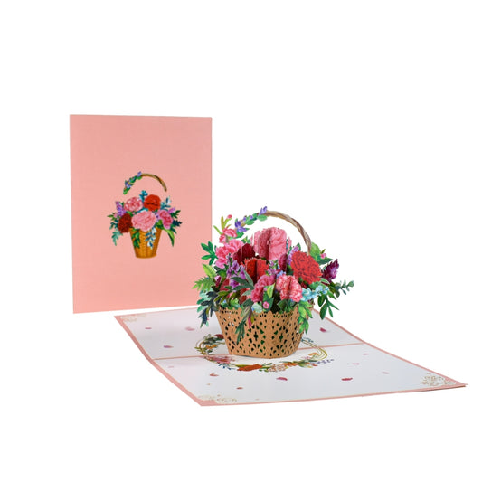 Roses & Carnations Blooming Basket 3D Pop-Up Greeting Card - Mother's Day Anniversary Birthday