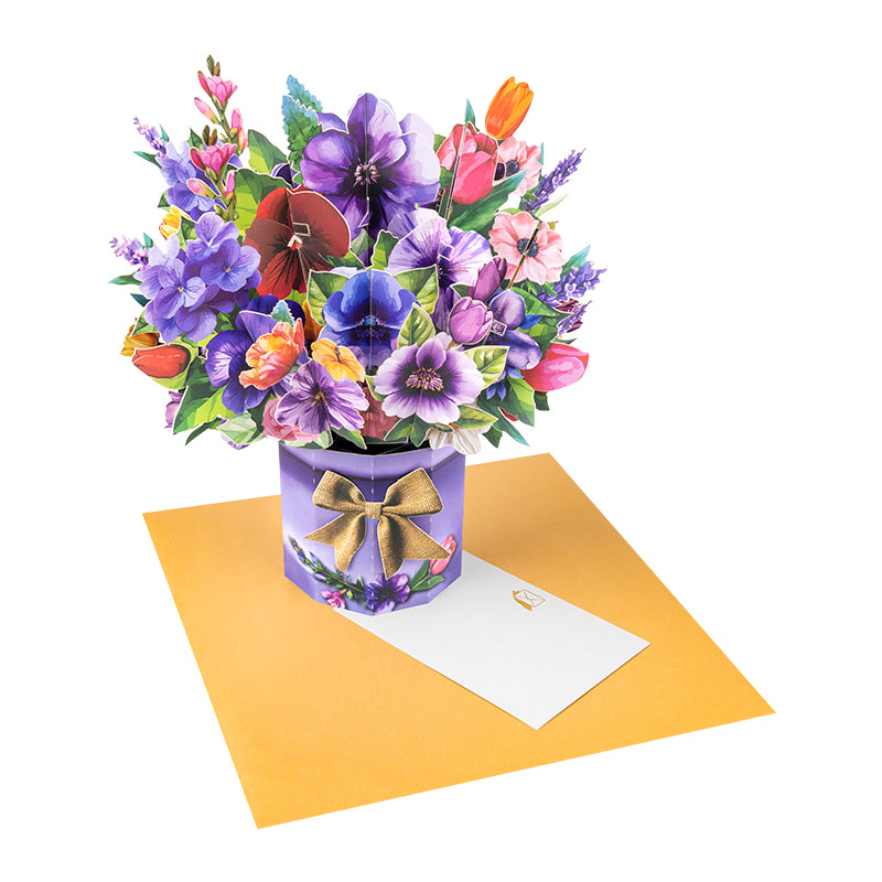 Floral Fantasy Paper Bouquet 3D Vase Pop Up Card - Mother's Day Birthday Wedding Anniversary 