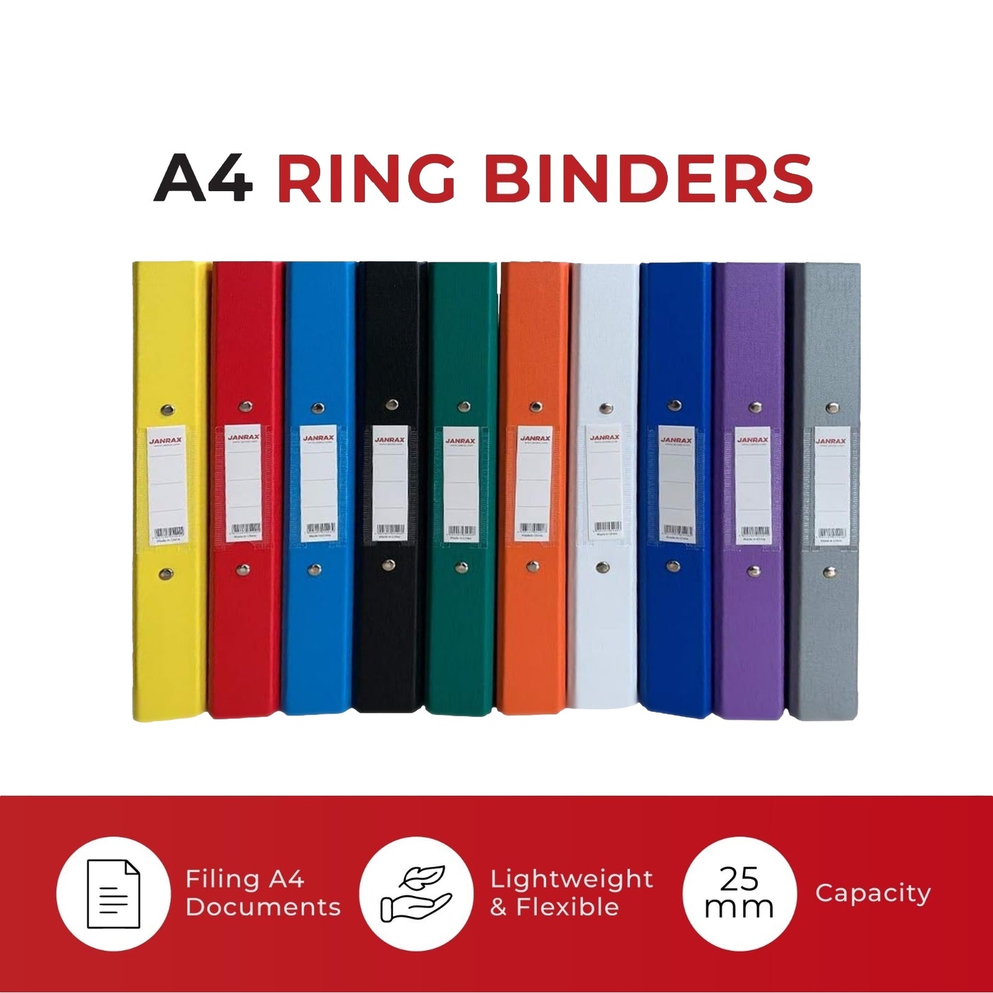 Pack of 3 Janrax A4 Paper Over Board Ring Binders – 2 O-Ring Mechanism, 35mm Spine, Spine Label – Black, Blue, Red