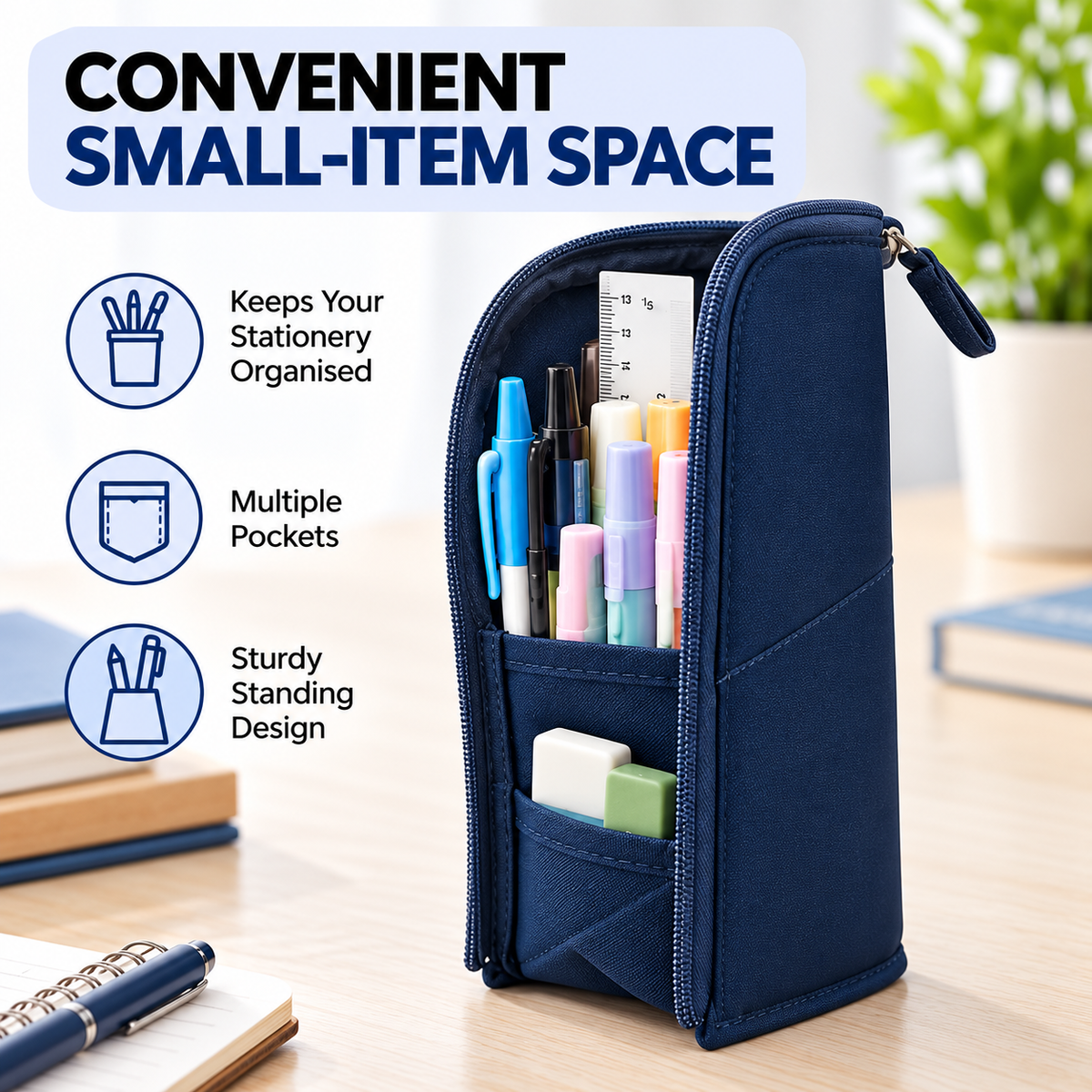Pack of 12 Blue Standing Zip Pencil Cases 19.5 x 5 x 9cm