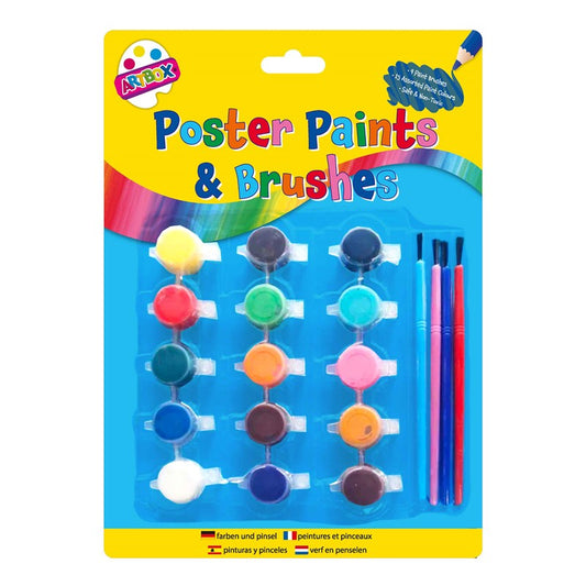 Pack of 15 Poster Paints Colours & 4 Brushes Painting Set