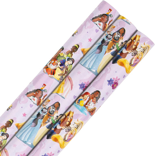 Disney Princesses & Pets Pink Design Pack of 3, 2M Each Wrapping Paper Roll Birthday, Christmas