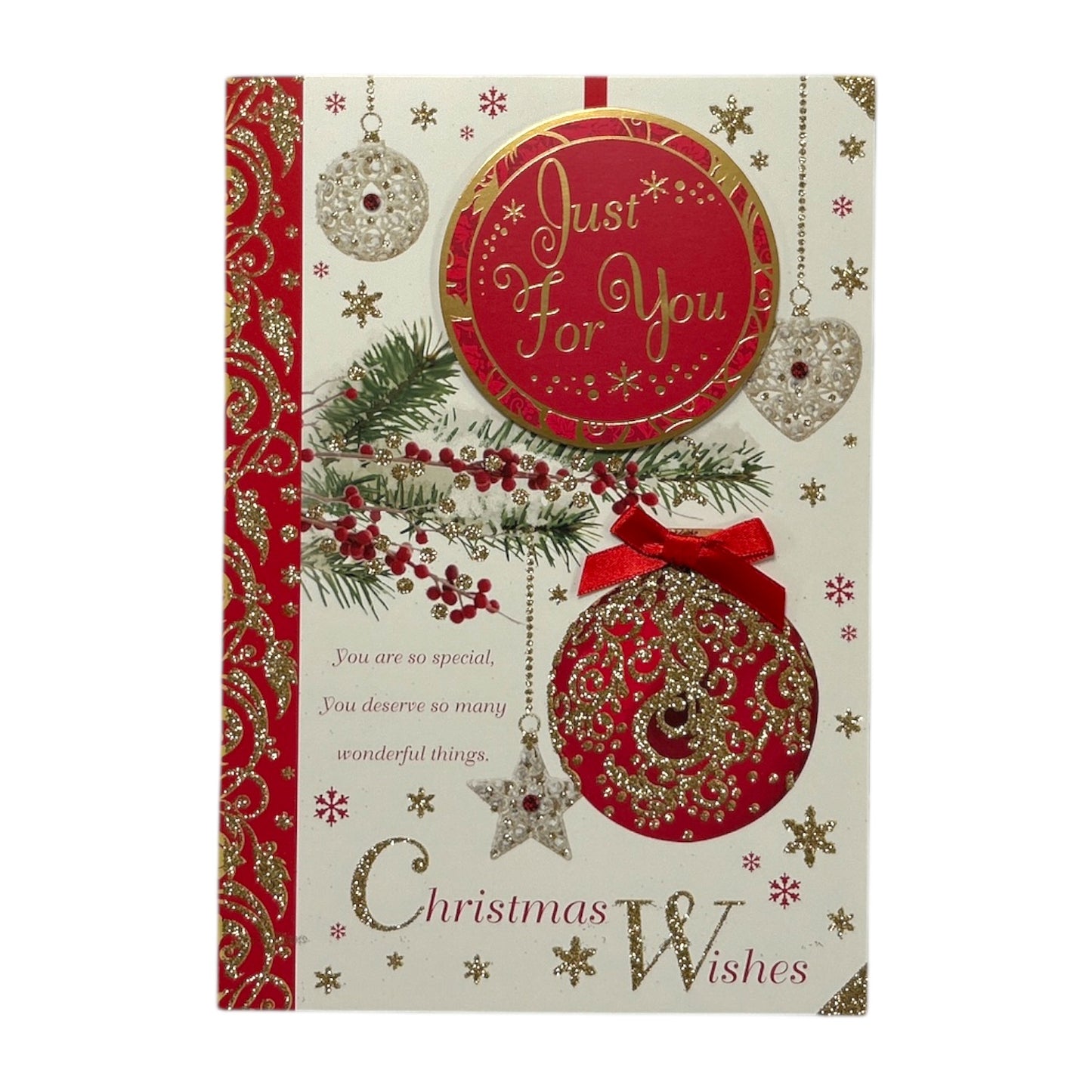 Just For You Hanging Decorative Baubles Design Open Christmas Card