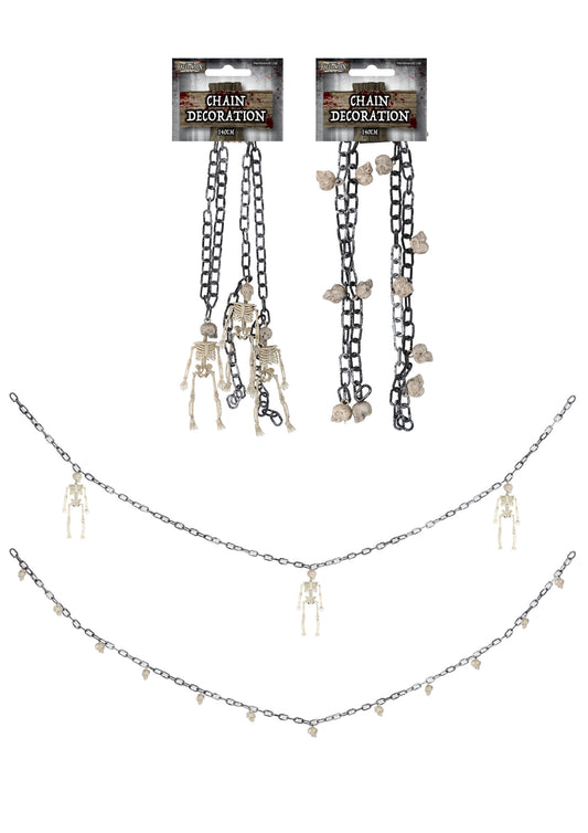 Pack of 2 Halloween Chain Decoration with Hanging Skeletons or Skulls (140cm)
