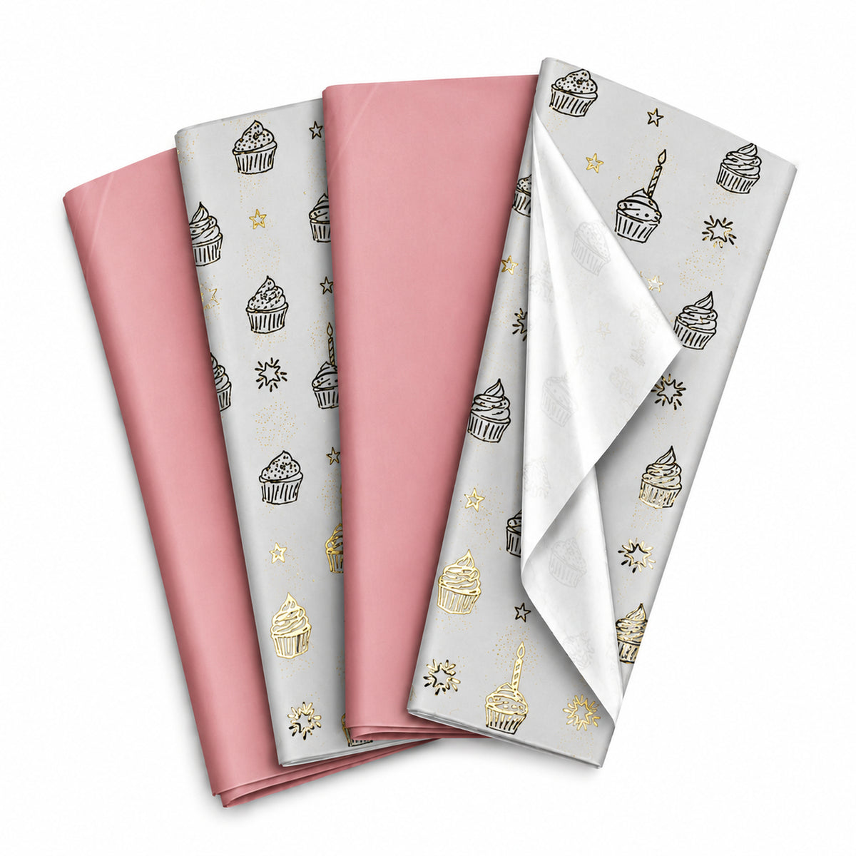 Pack of 8 Sweet Celebration Luxury Silver Foil Design & Plain Pink 50 x 70 cm Tissue Sheets - Birthday, Cake, Girls