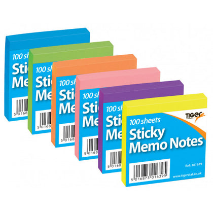 Pack of 12 Neon Bright Sticky Memo Notes 75 x 75mm, Per Pack 1200 Sheets