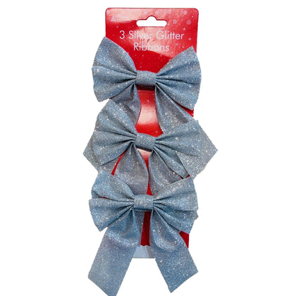 Pack of 3 Silver Glitter Ribbon Bows