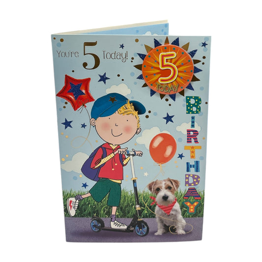 Age 05 Boy Riding A Scooter Juvenile Birthday Card With Badge