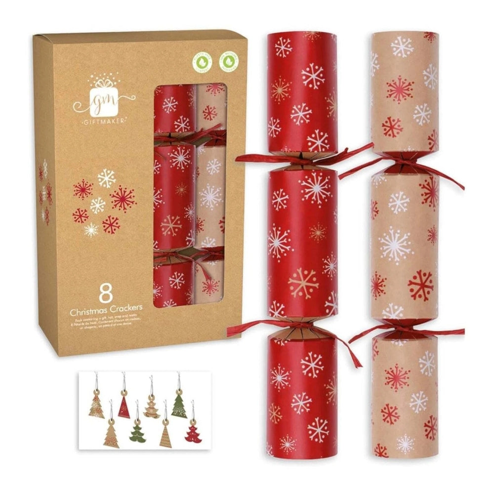 Pack of 8 12" Kraft & Red Snowflakes Christmas Crackers
