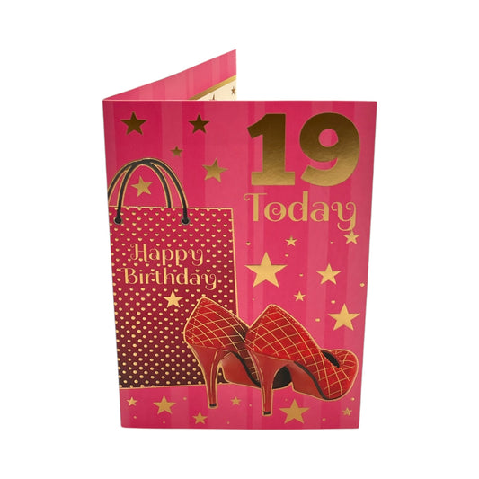 Age 19 Female Traditional Shopping Bag and Red Shoes Design Birthday Card