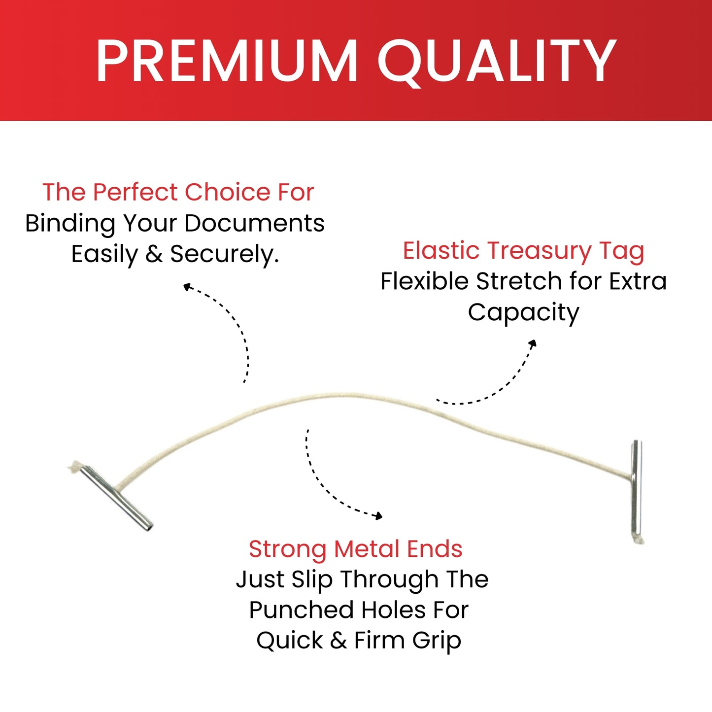 Pack of 100 Elastic White 125mm Metal End Treasury Tags