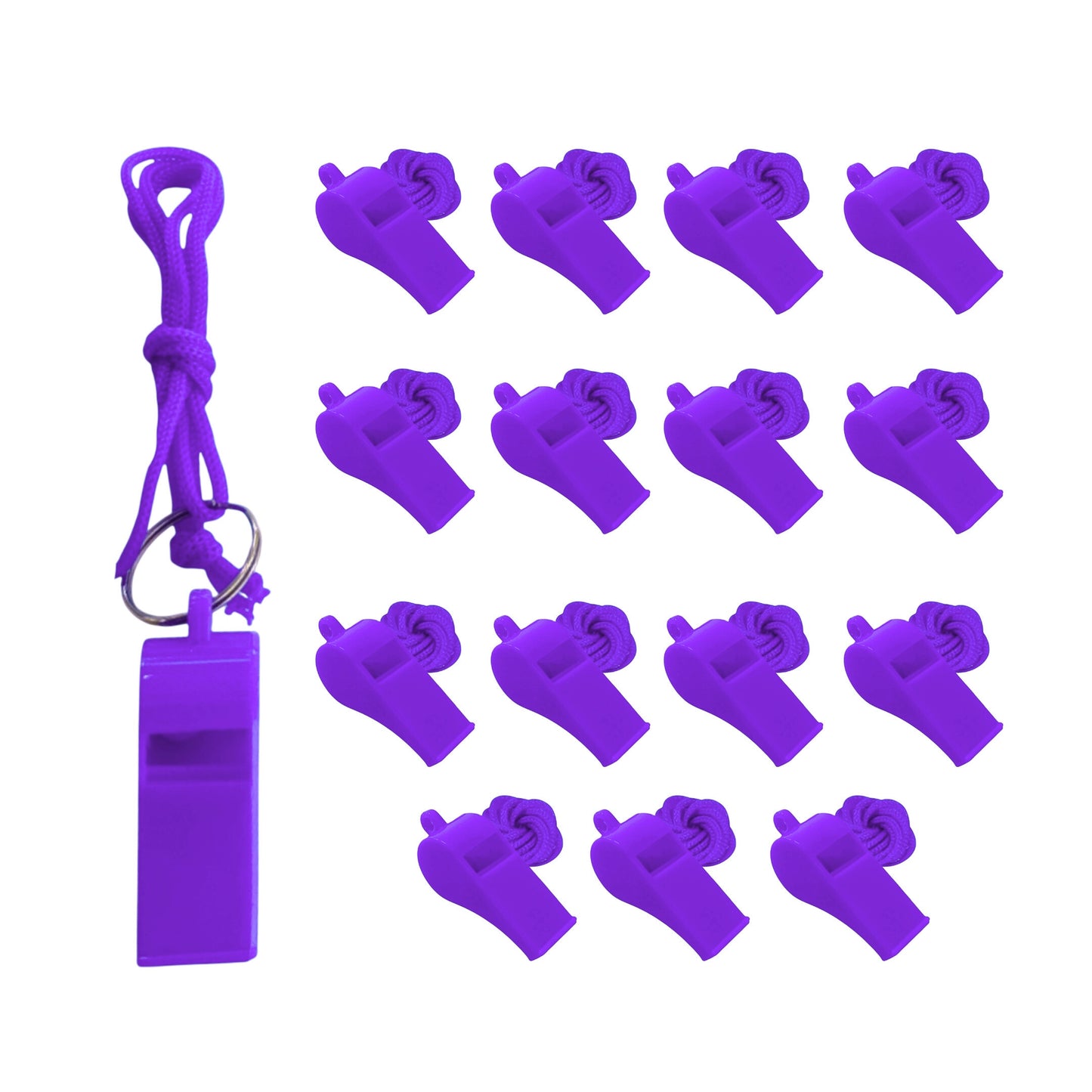 Pack of 15 Purple Plastic Whistles with Lanyard Neck Cord