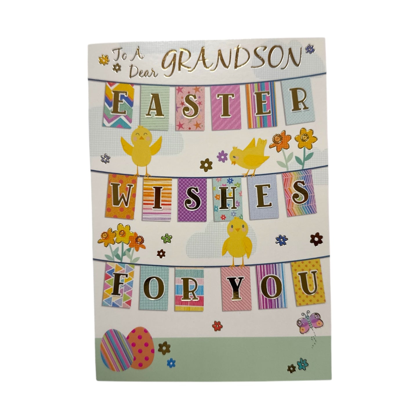 For Grandson Vibrant Patterns Bunting Design Easter Card