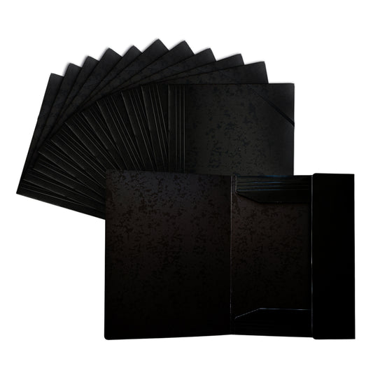 Pack of 12 A4 Black Card 3 Flap Folders With Elastic Closure