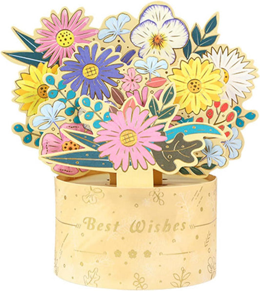 Floral Joy in a Golden Vase 3D Pop Up Greeting Card - Mother's Day Birthday Wedding Anniversary