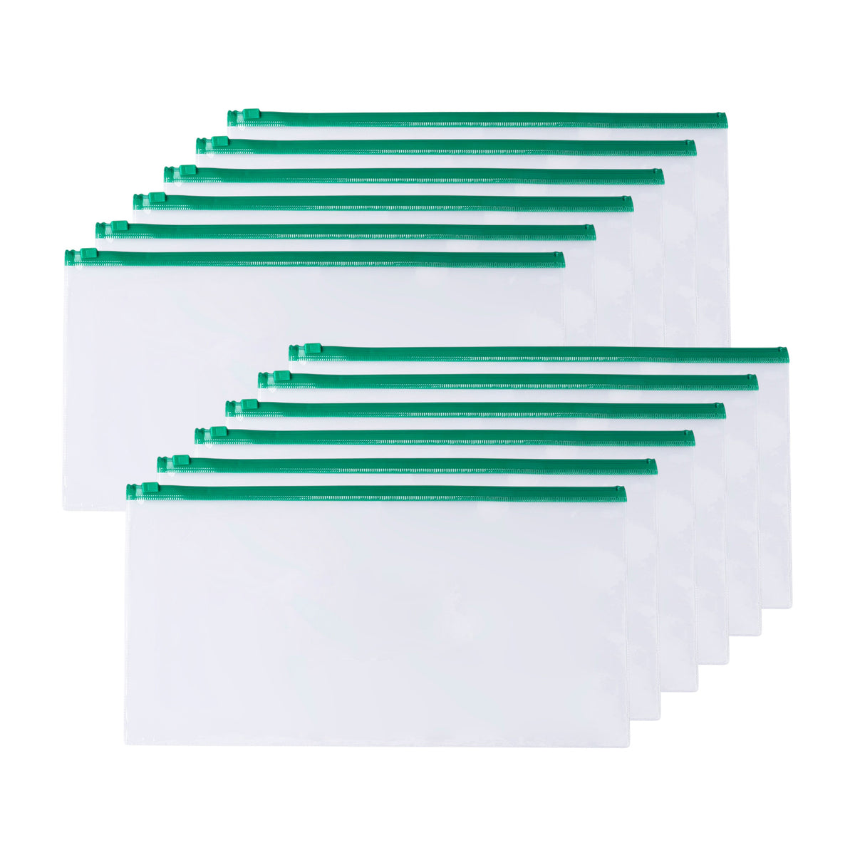 Pack of 12 DL Clear Zippy Bags with Green Zip