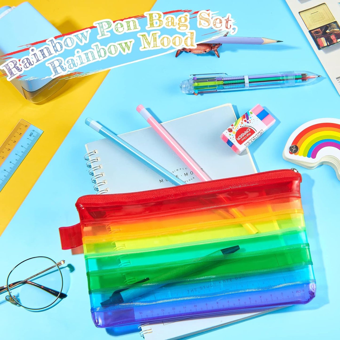 Pack of 12 Rainbow Coloured Flat 8x4" Pencil Case - Zippy Bag