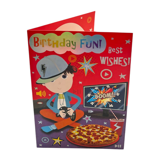 Open Male Juvenile Trendy Pops Boy Playing Game Design Birthday Card