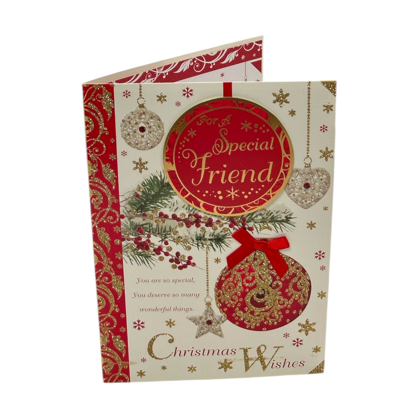 For a Special Friend Hanging Decorative Baubles Design Christmas Card