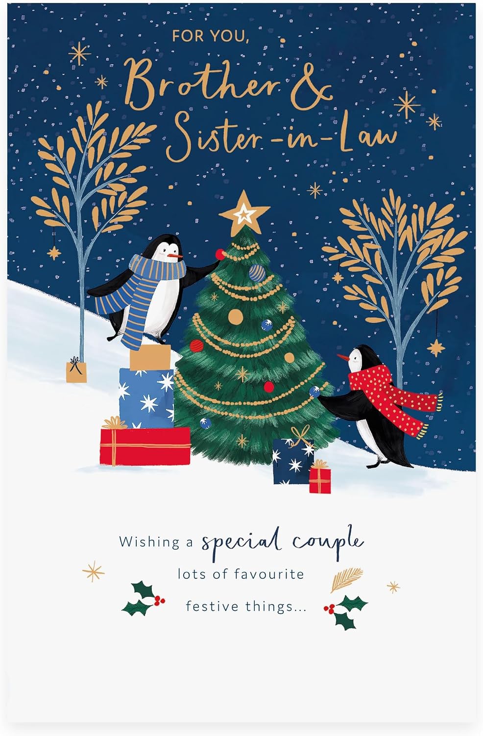 Penguins Decorating Tree Design Brother & Sister in law Christmas Card