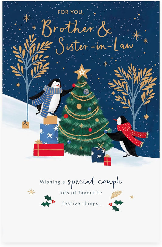 Penguins Decorating Tree Design Brother & Sister in law Christmas Card
