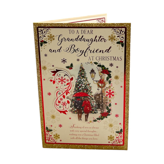 To a Dear Granddaughter and Boyfriend Snowy Village Scene Christmas Card