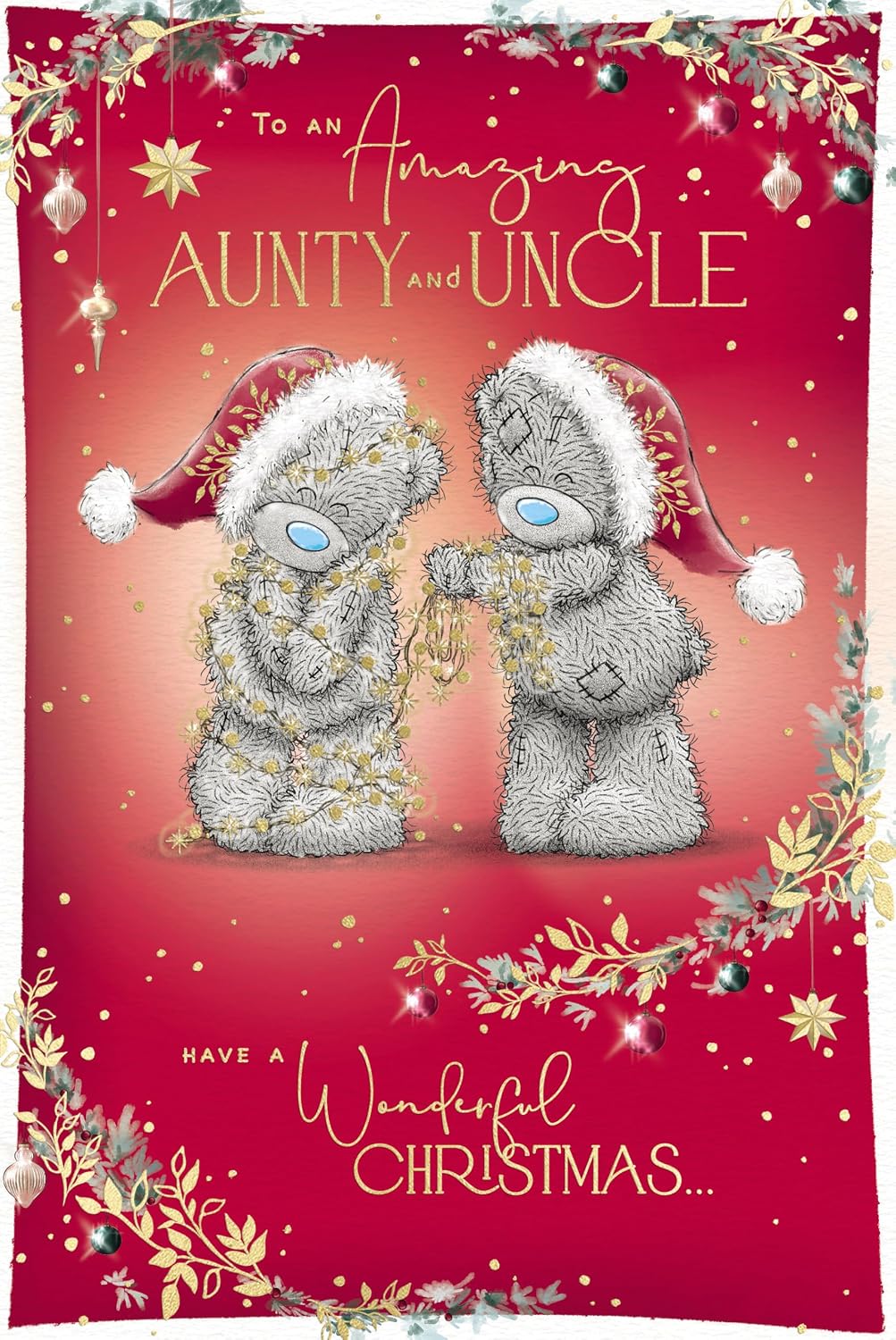 Bears Wrapping Up in Fairy Lights Amazing Aunty and Uncle Christmas Card