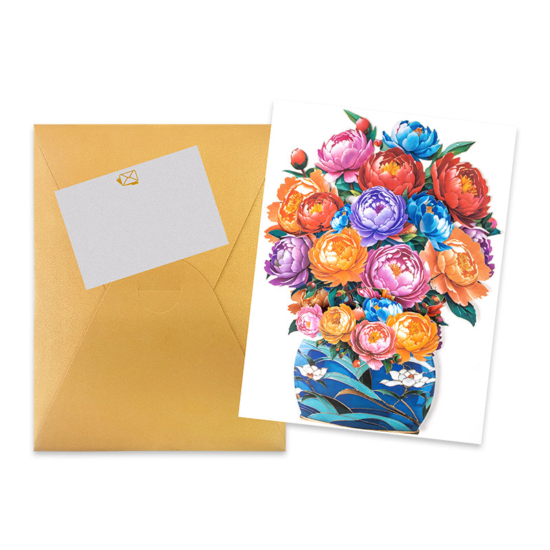 Colorful Grace Peony Bouquet in Blue Vase 3D Pop Up Card