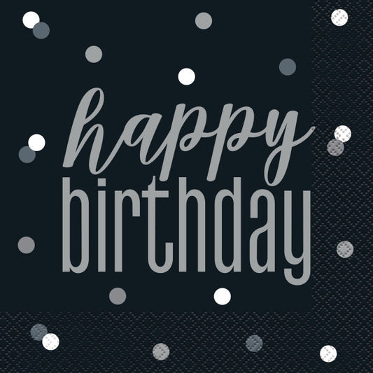 Pack of 16 Glitz Black & Silver "Happy Birthday" Luncheon Napkins